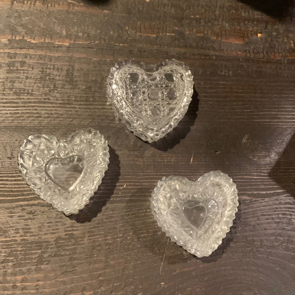 Set of 3 glass heart shaped trinket boxes vintage?
